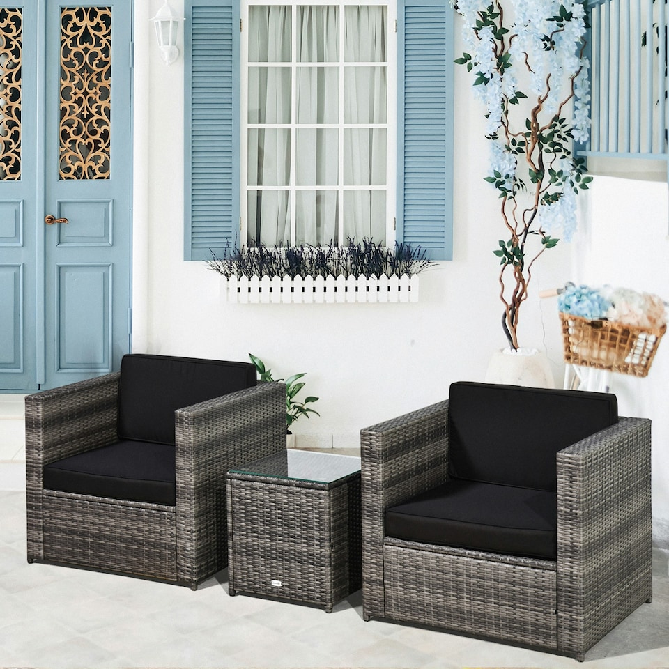 image 1 of Outsunny 3Pcs Patio 2 Seater Rattan Sofa Garden Furniture Set Coffee