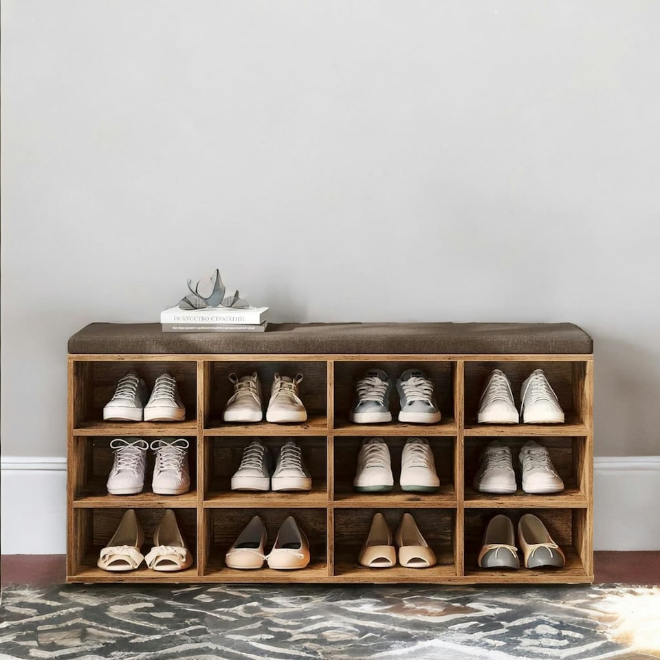 image 1 of Wide Shoe Storage Bench With Cushioned Seat And Drawer Natural Brown | Brown | One Size