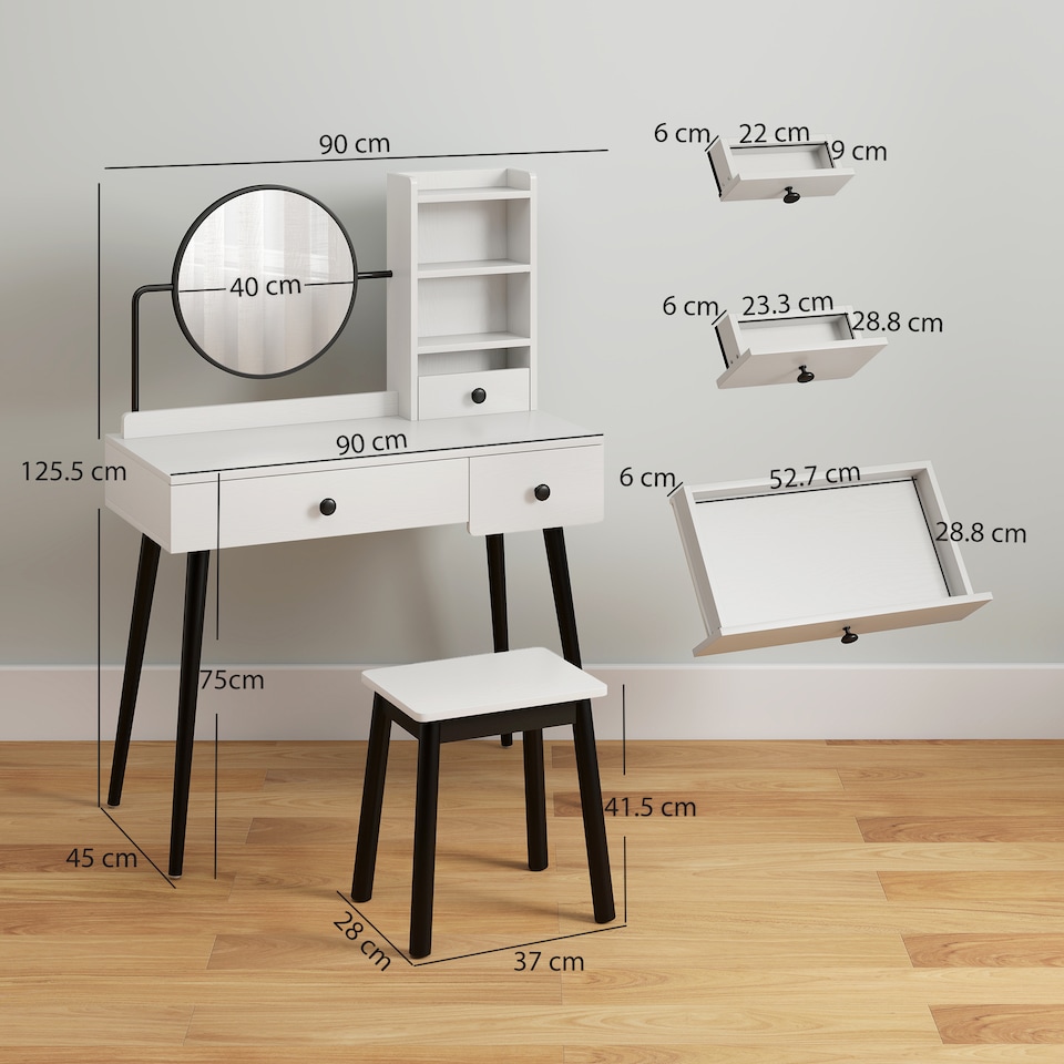 image 1 of HOMCOM Dressing Table Set with Mirror and Stool, Vanity Makeup Table with 3 Drawers and Open Shelves for Bedroom, Living Room, White