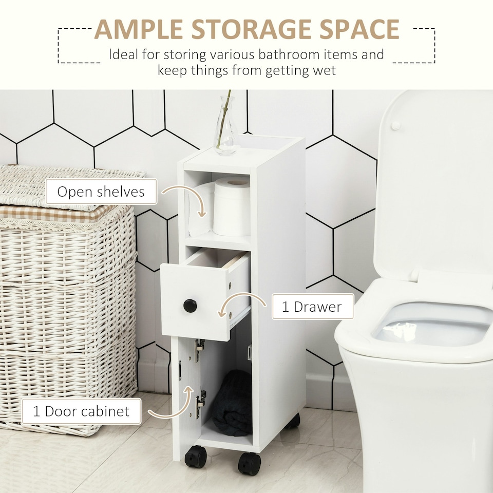 image 1 of kleankin Slim Bathroom Storage with 2 Drawers, 2 Open and Wheels, White