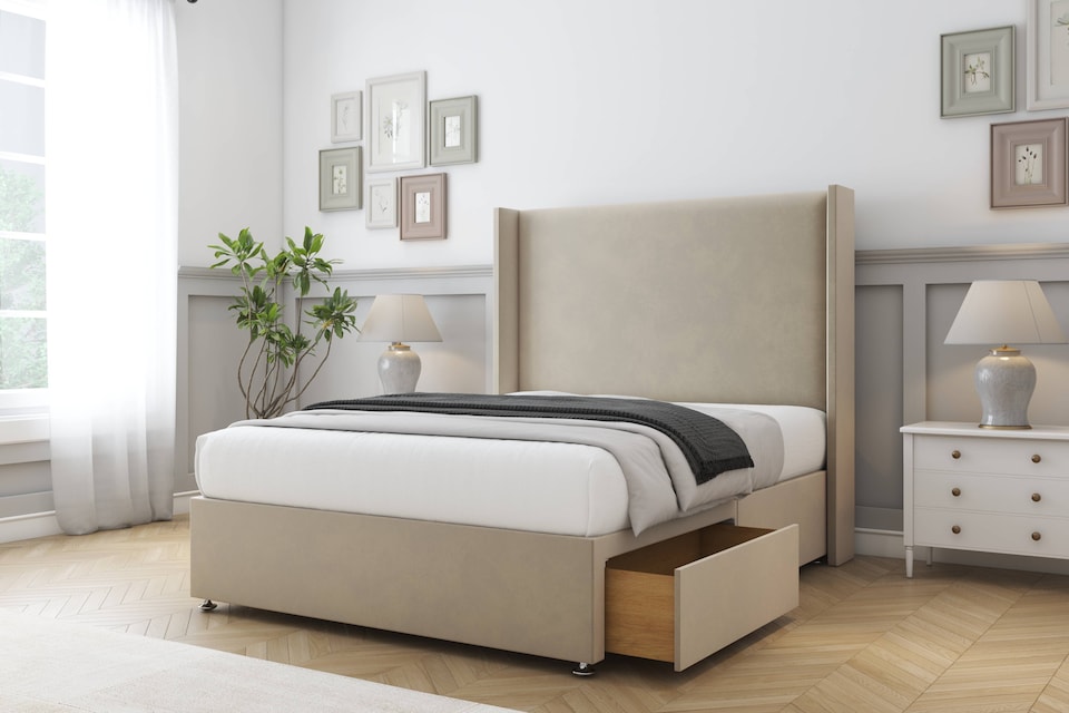 image 1 of Sloomy Devonshire Almond Coniston Divan Bed With Mattress No Drawers With 54" Wingback Headboard 5' King | Cream | Almond | King | 1