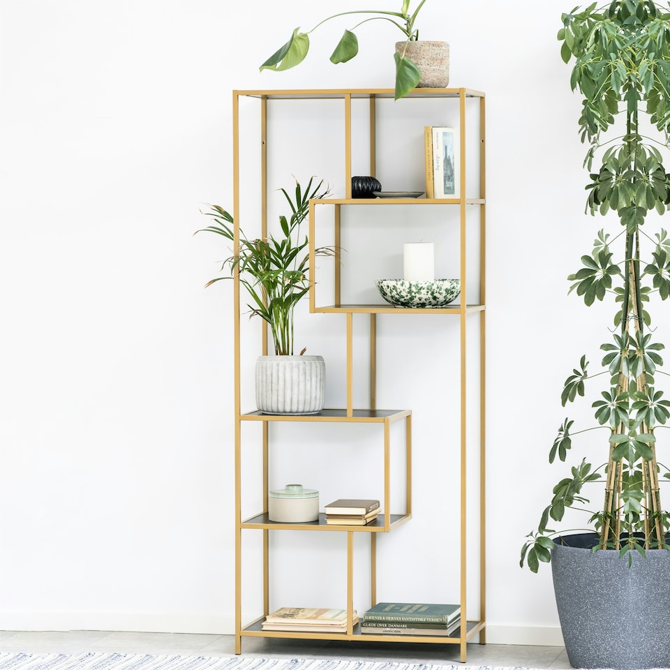 image 1 of Seaford Tall Gold Metal Bookcase with 5 Black Shelves