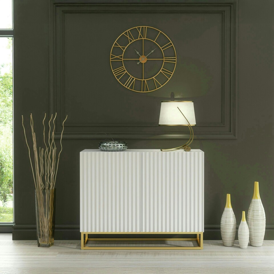image 1 of White Sideboard 100cm Fluted Doors Gold Frame Modern Storage Cabinet