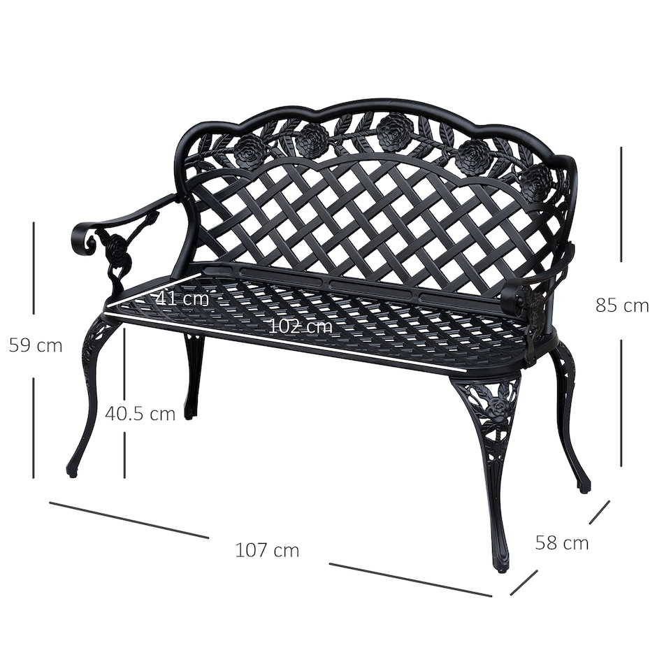 image 1 of Outsunny Cast Aluminium Garden Bench Outdoor Patio 2 Seater High Back Chair Armrest Antique Style Black