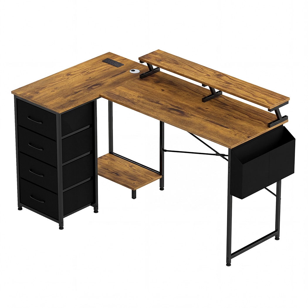 Levede Gaming Desk L Shaped with USB Charging Port Power Outlet Walnut Color