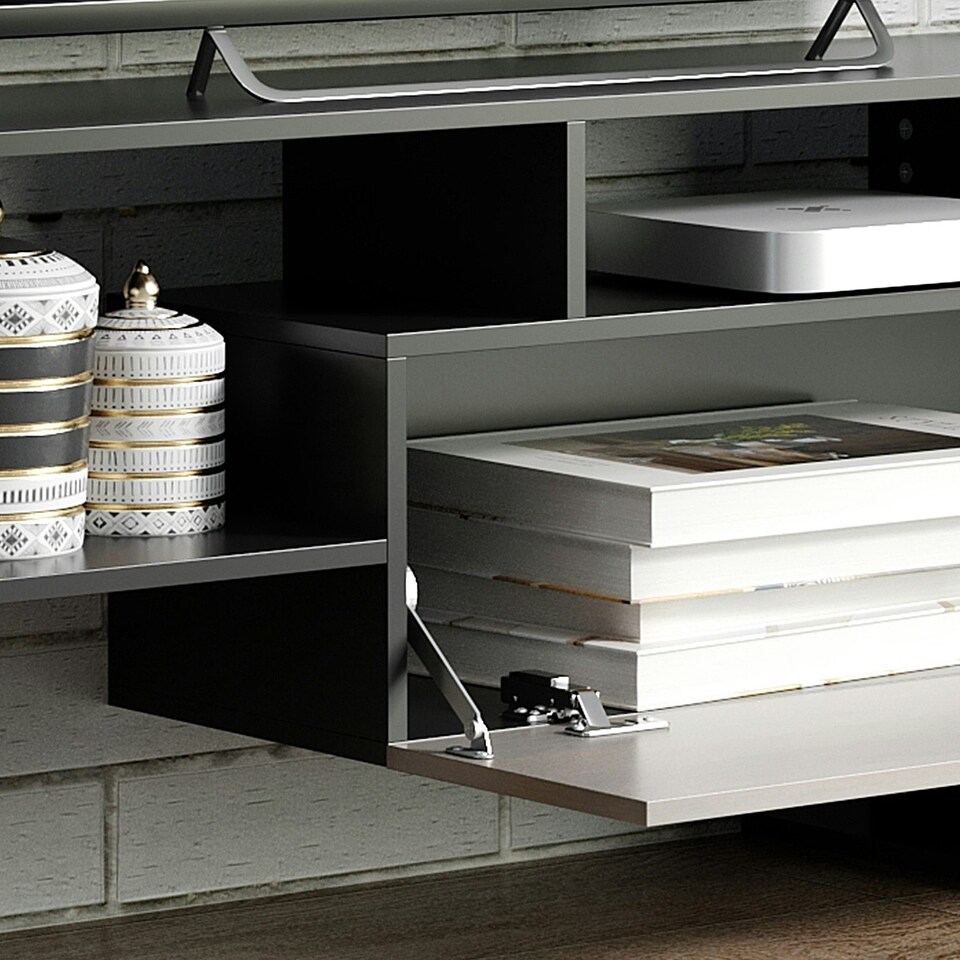 image 1 of TV Unit Cabinet for TVs up to 65 Inches w/ Wall Shelf and Storage Cabinet Black