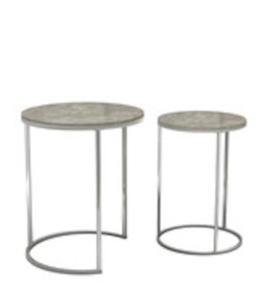 image 1 of 2Pc Round Nesting Stackable Sofa Side Bedside End Table Set Wood Top Metal Legs | Multi | Black Marble Top with Chrome Legs