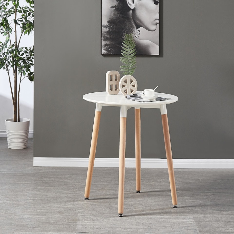 image 1 of 5PCs Dining Set - a White Round Dining Table & Set of 4 White Lorenzo Tulip chairs with Padded Seat | Pink