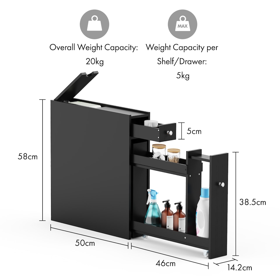 image 1 of VonHaus Shrewsbury Black Slim Bathroom Storage Unit with Drawers