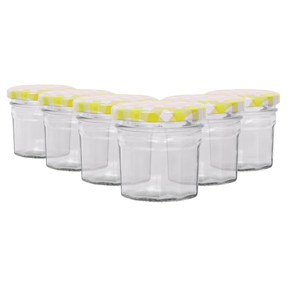 image 1 of Argon Tableware Glass Jam Jars with Yellow Gingham Lids - 90ml - Pack of 6