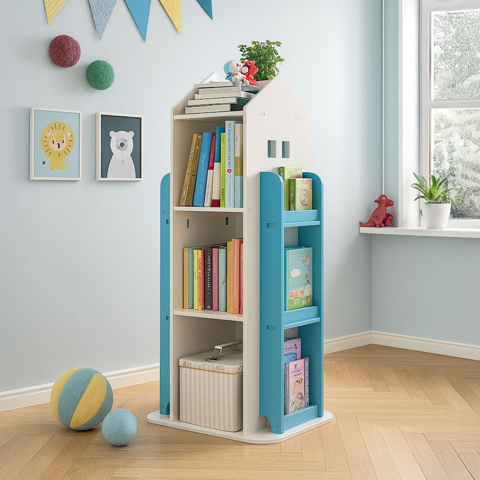 image 1 of Neo House Shaped 360° Rotating Kid's Children's Freestanding Bookshelf | Pink | Pink