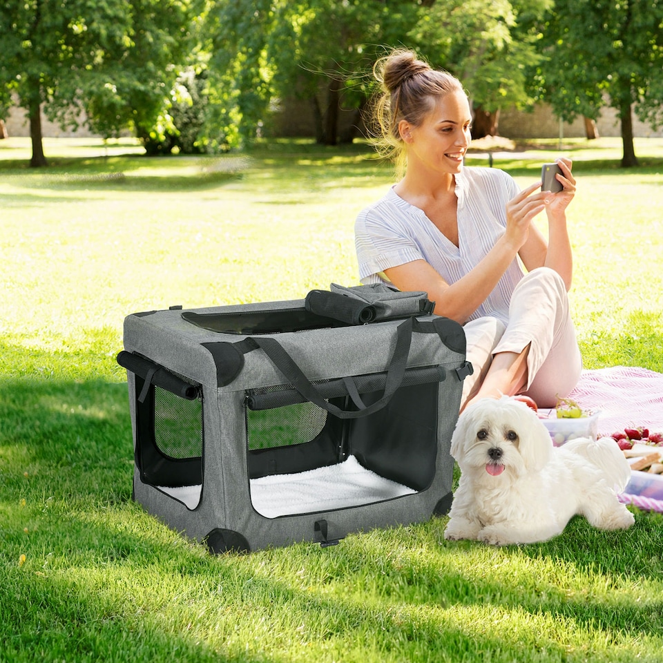 image 1 of PawHut Folding Pet Carrier Bag House W/ Cushion Storage, Grey 70x51x50cm