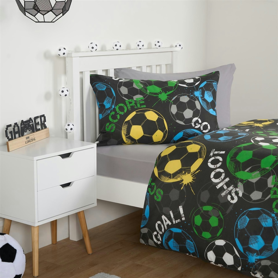image 1 of OHS Kids Graphic Football Reversible Duvet Cover and Pillowcase Bedding Set, Single - Black