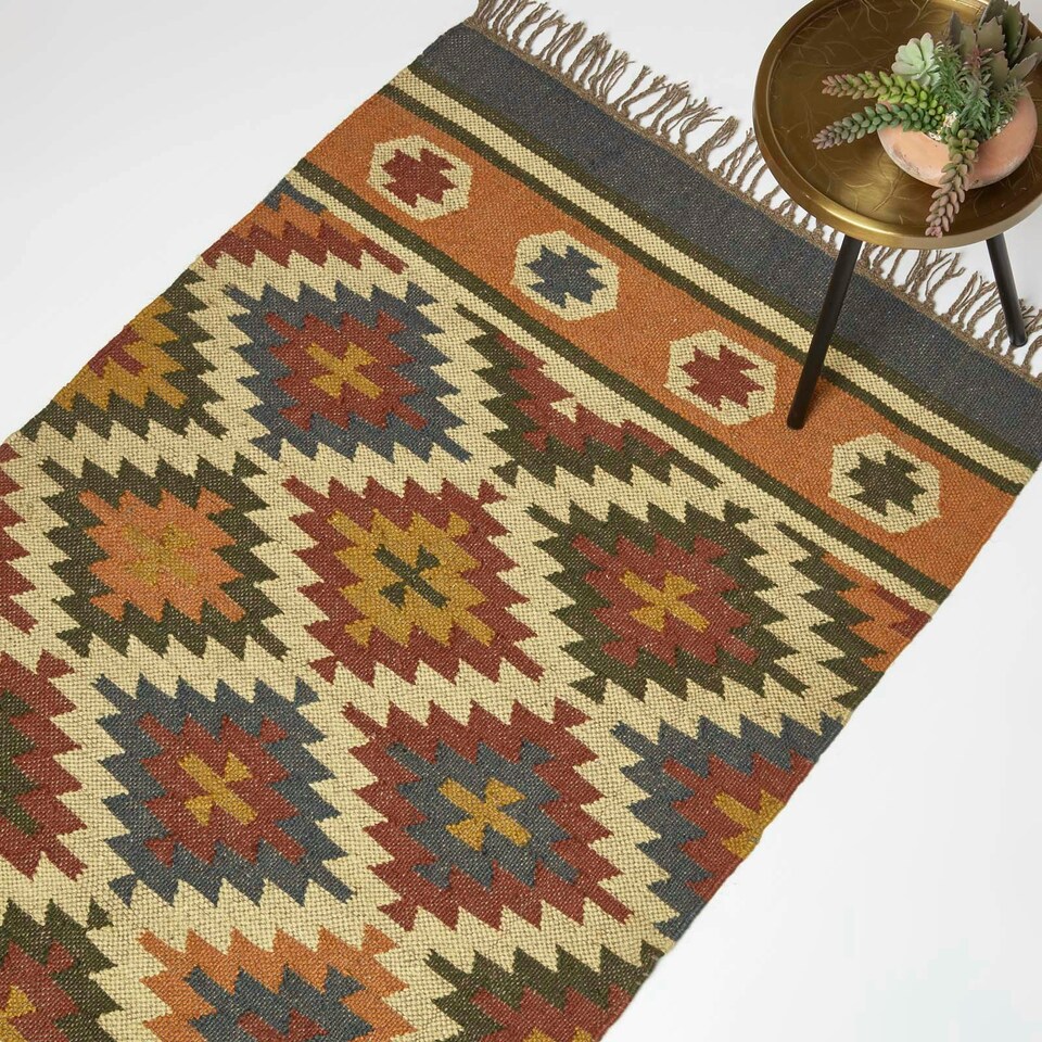 image 1 of Homescapes Lucea Orange and Blue Kilim Wool Rug - 90 x 150 cm Orange | 90 x 150 cm