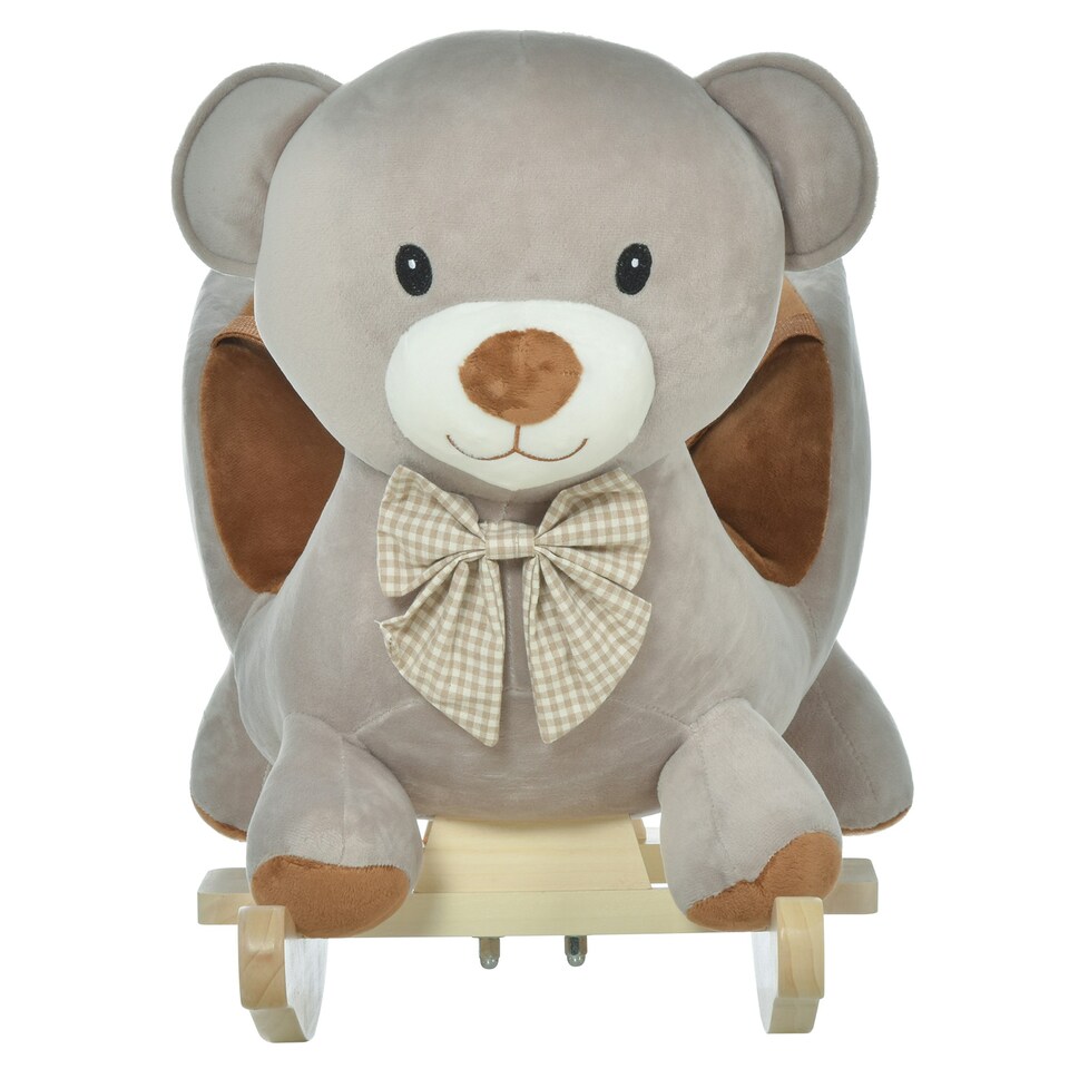 image 1 of HOMCOM Kids Rocking Bear Plush Ride On Seat w/ Sound Button Wood Base Seat Belt