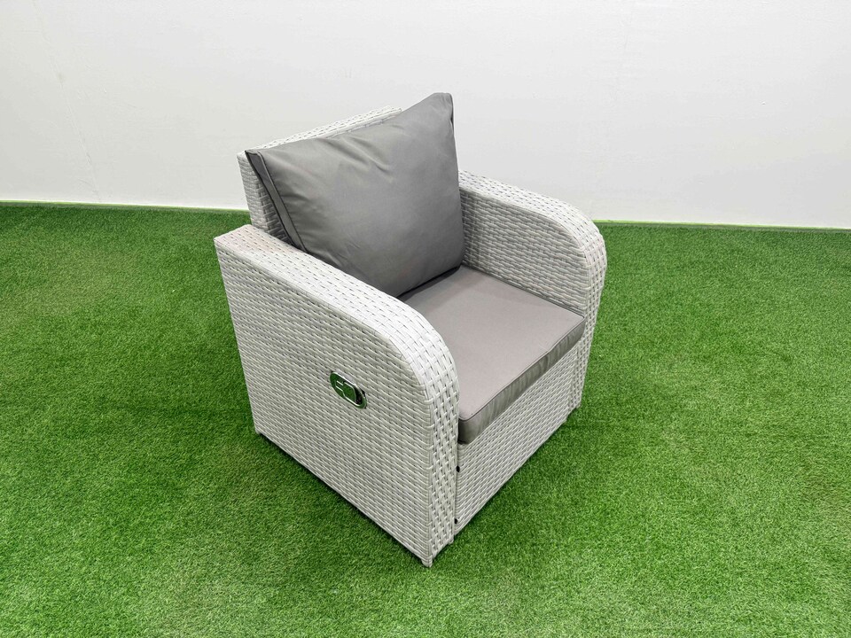 image 1 of Fimous High Back Poly Rattan Garden Furniture Set with Reclining Chair Loveseat Sofa Rectangular Dining Table Indoor Outdoor Patio  Set 2 Big Stool 2 Side Table Light Grey