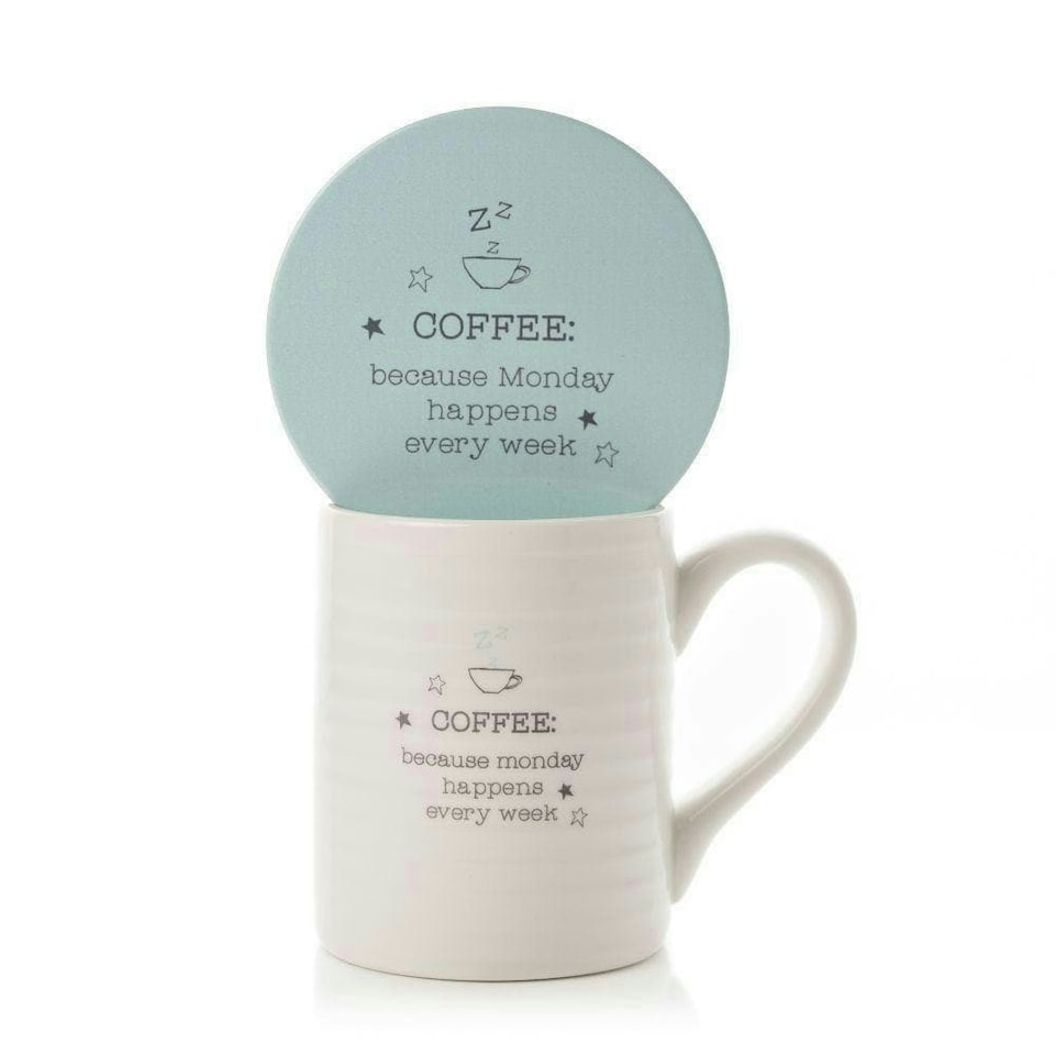 image 1 of Widdop Love Life Mug & Coaster Set - Monday Coffee | Blue | White | 2