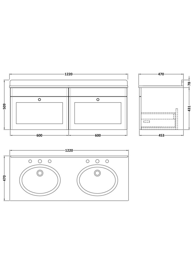 image 1 of Balterley Swynnerton Traditional 2 Drawer Wall Hung Vanity Unit with Double Marble Basin, Satin Grey, 1200mm