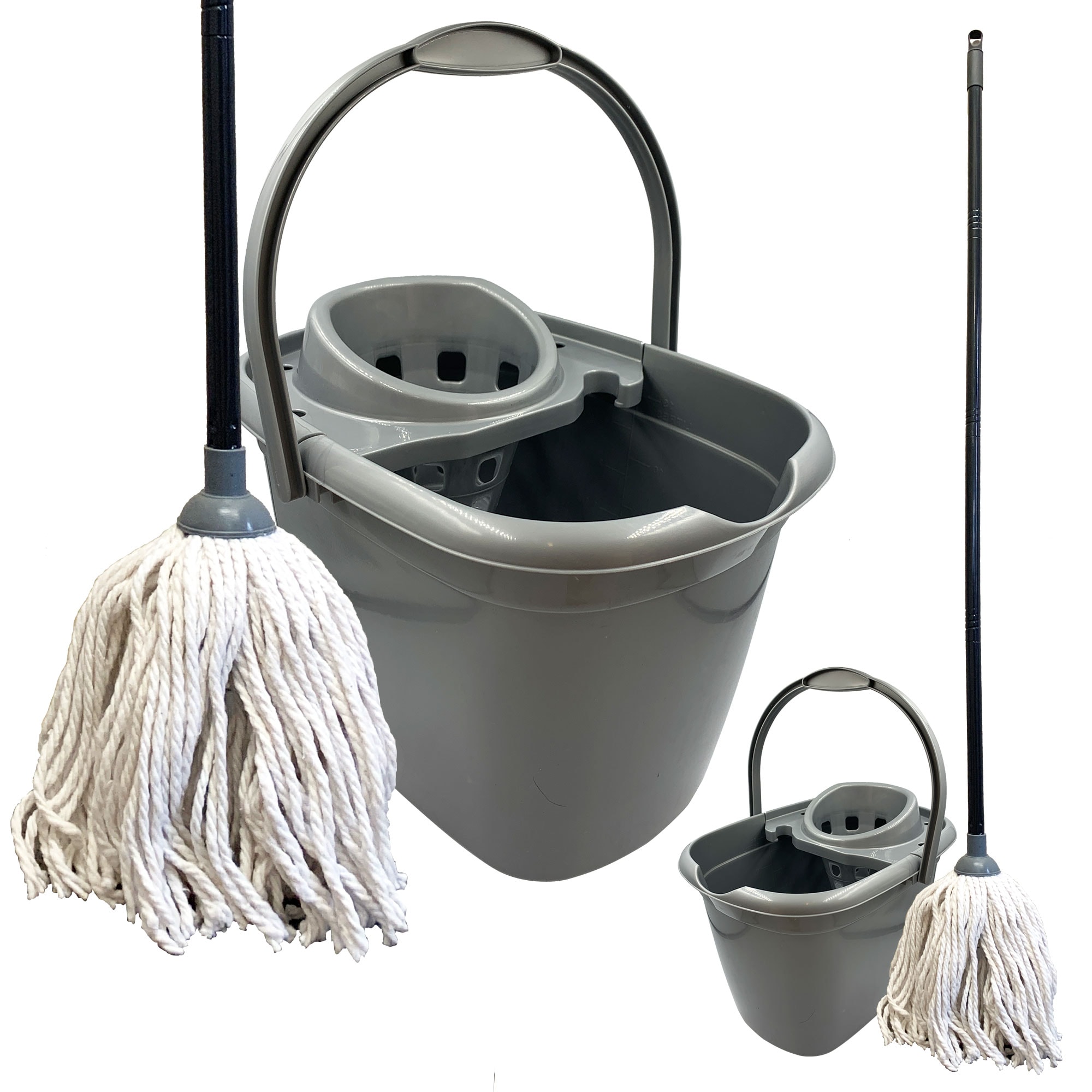 Traditional Pure Cotton Mop and Bucket Set 12L Grey Floor Cleaner with Wringer