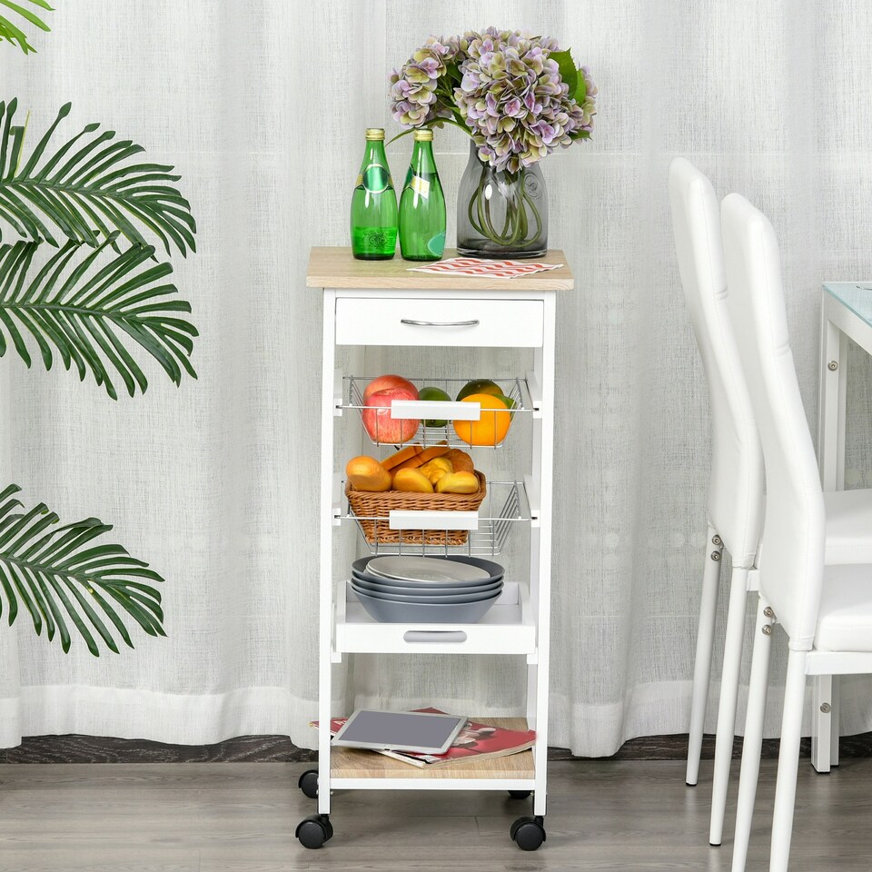 image 1 of HOMCOM Mobile Rolling Kitchen Island Trolley for Home Metal Baskets Tray Shelves