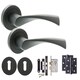 image 1 of Golden Grace Astrid Twist Design Key Lock Door Handle on Round Rose Set in Matte Black Finish Complete with 3 Lever Mortise Lock & 1 Pair of Ball Bearing Hinges Black