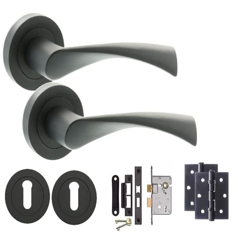 image 1 of Golden Grace Astrid Twist Design Key Lock Door Handle on Round Rose Set in Matte Black Finish Complete with 3 Lever Mortise Lock & 1 Pair of Ball Bearing Hinges Black