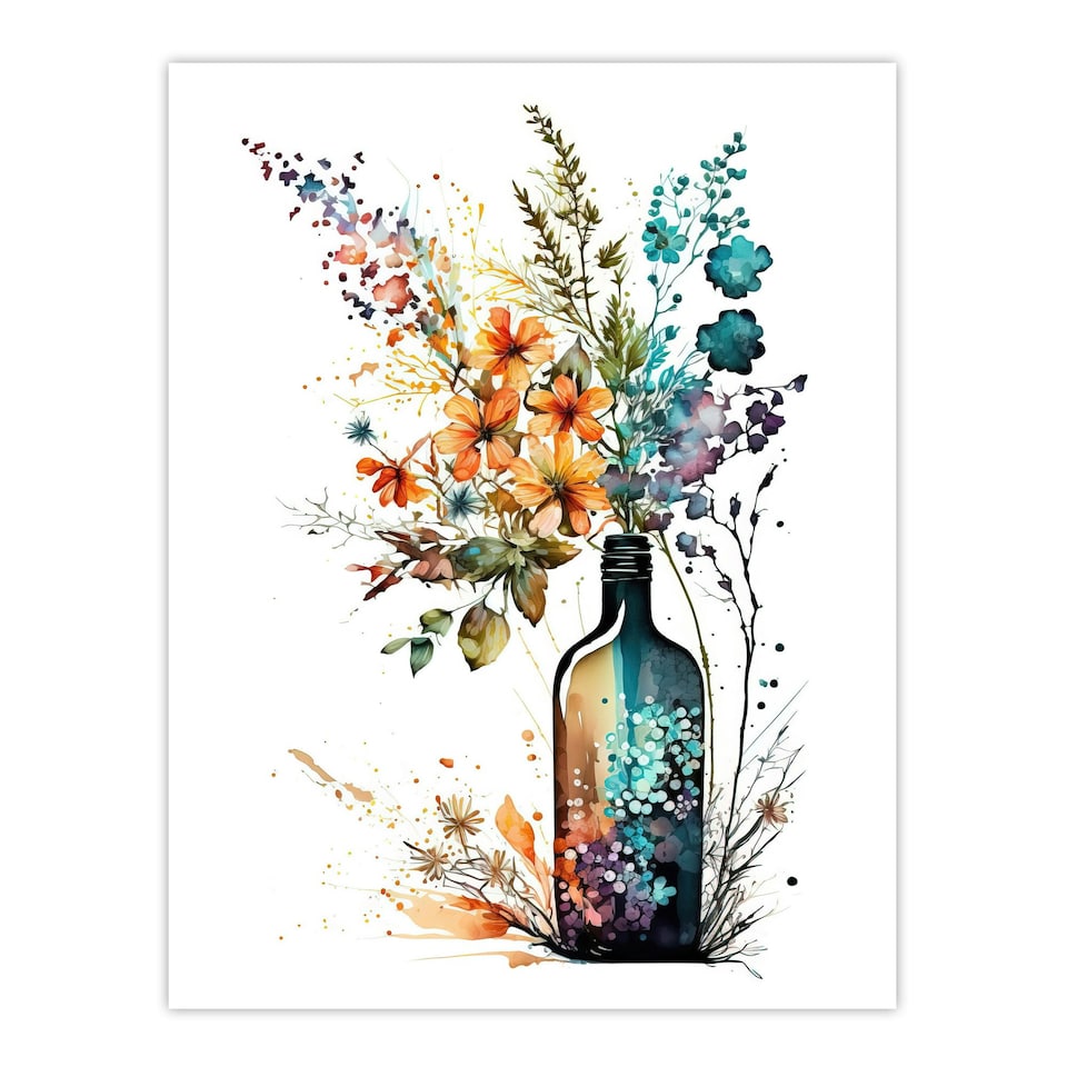 image 1 of Wine Bottle Wildflowers Watercolour Orange Black Framed Wall Art Print A4