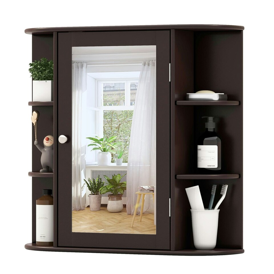 image 1 of COSTWAY Mirrored Bathroom Cabinet Wall Mount Storage Brown Brown