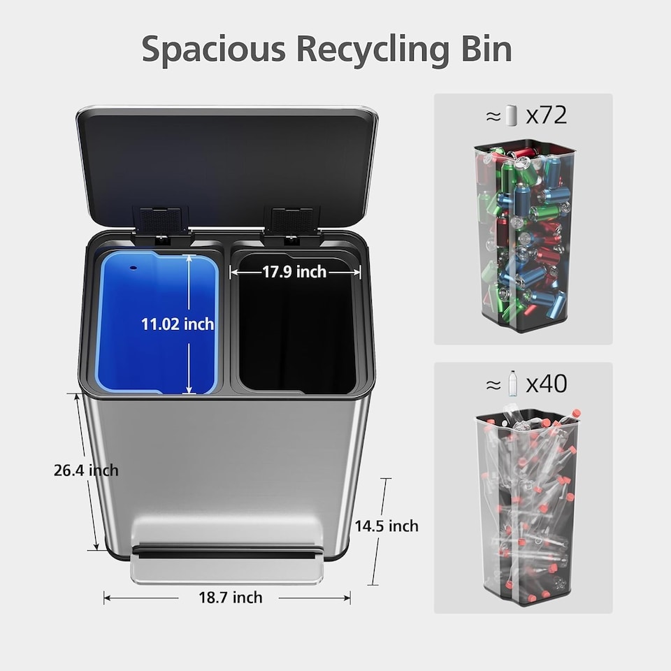 image 1 of London Boutique 60L (2x30L) Stainless Steel Step Bin with Soft-Close Lid & 2-colour Removable Inner Buckets - Silver