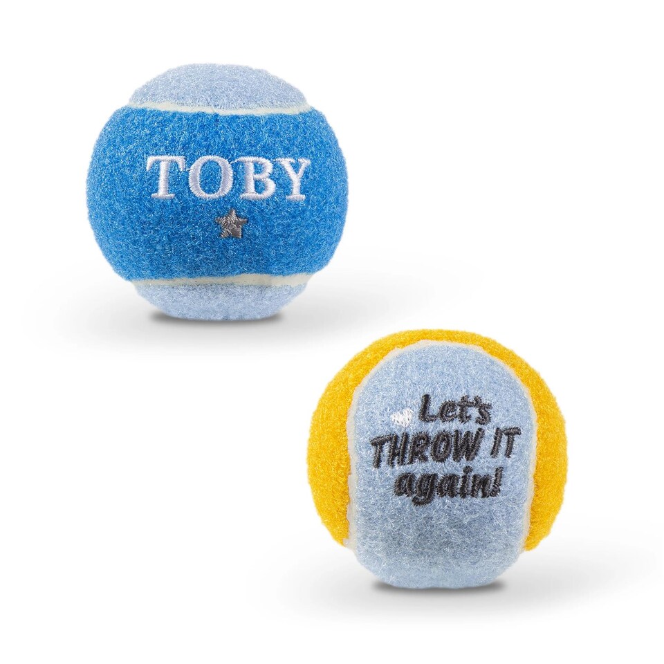 image 1 of Pre-Personalised Dog Ball Gift Pack 2pcs Blue Toby