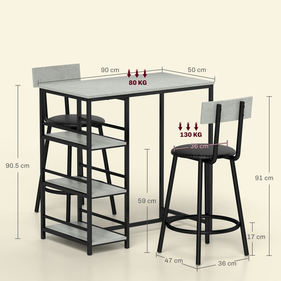 image 1 of HOMCOM 3 Piece Breakfast Bar Table Set with Storage Shelves, Light Grey | Grey