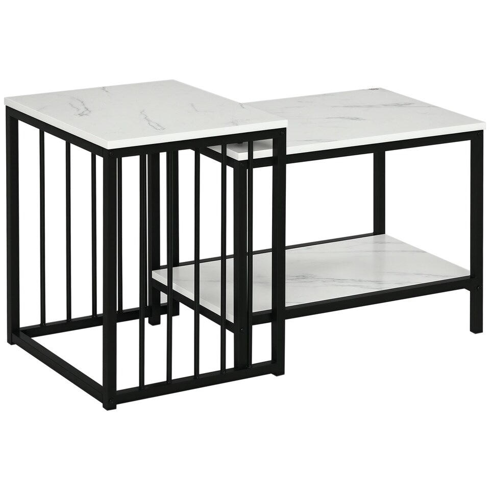 image 1 of HOMCOM Modern Coffee Table Set of Two w/ Steel Frame Marble-Effect White White