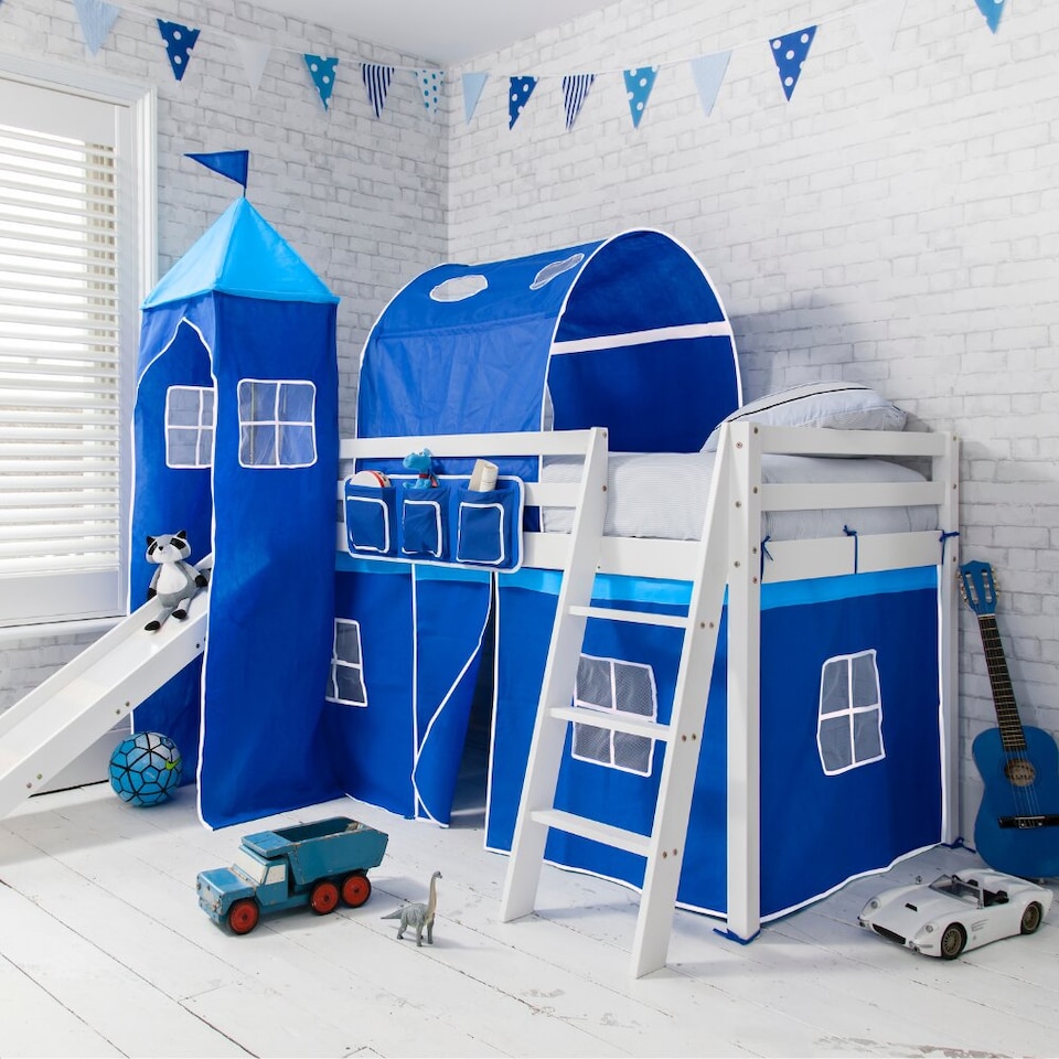 image 1 of Moro Cabin Bed with Slide and Brilliant Blue Cotton Tent, Tower & Tunnel in White