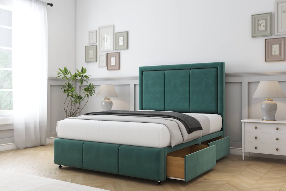 image 1 of Sloomy Lancaster Emerald Plush Divan Bed Base 2 Drawers Left Side With 26 Inch Strutted Headboard & 12 Inch Matching Footboard | Green | Emerald | Single | 1