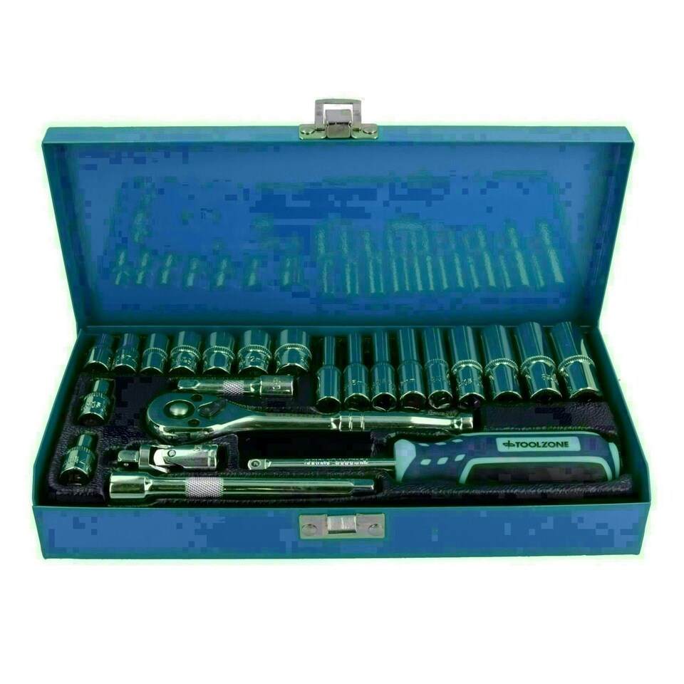 image 1 of 1/4" Drive 23pc Metric Socket Set Shallow Deep Sockets Ratchet Extensions UJ