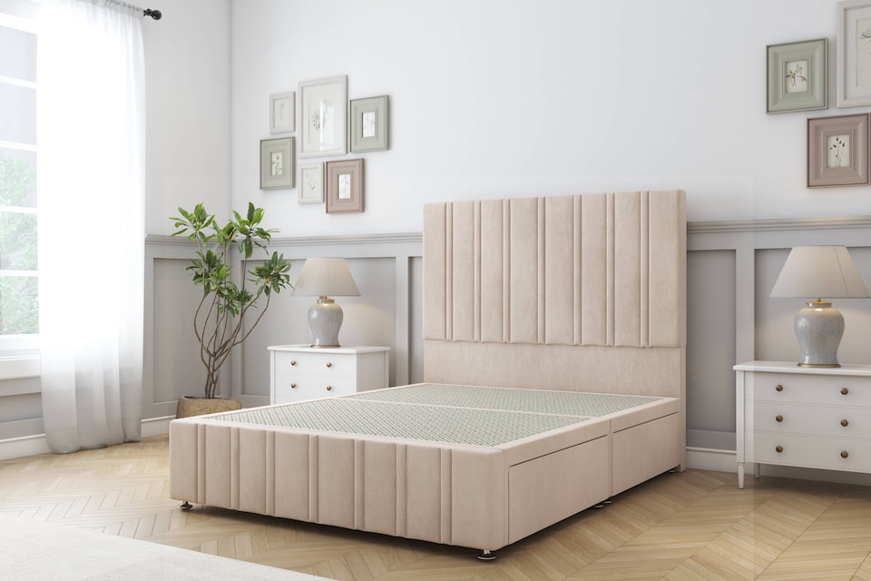 image 1 of Sloomy Langston Sand Naples Divan Bed Base No Drawers With 54 Inch Floor Standing Headboard & 12 Inch Matching Footboard | Cream | Sand | Double | 1