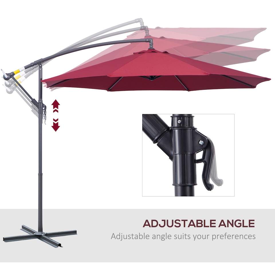 image 1 of Outsunny 3m Garden Banana Parasol Hanging Cantilever Umbrella with Crank Handle and Cross Base for Outdoor, Sun Shade, Wine Red