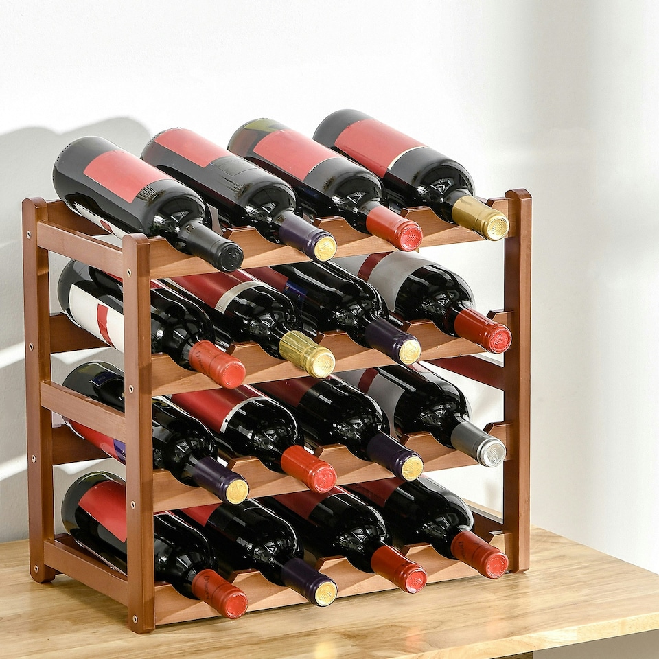 image 1 of HOMCOM Free Standing Wine Rack 16 Bottle Holders, Bamboo Display Shelf, Brown