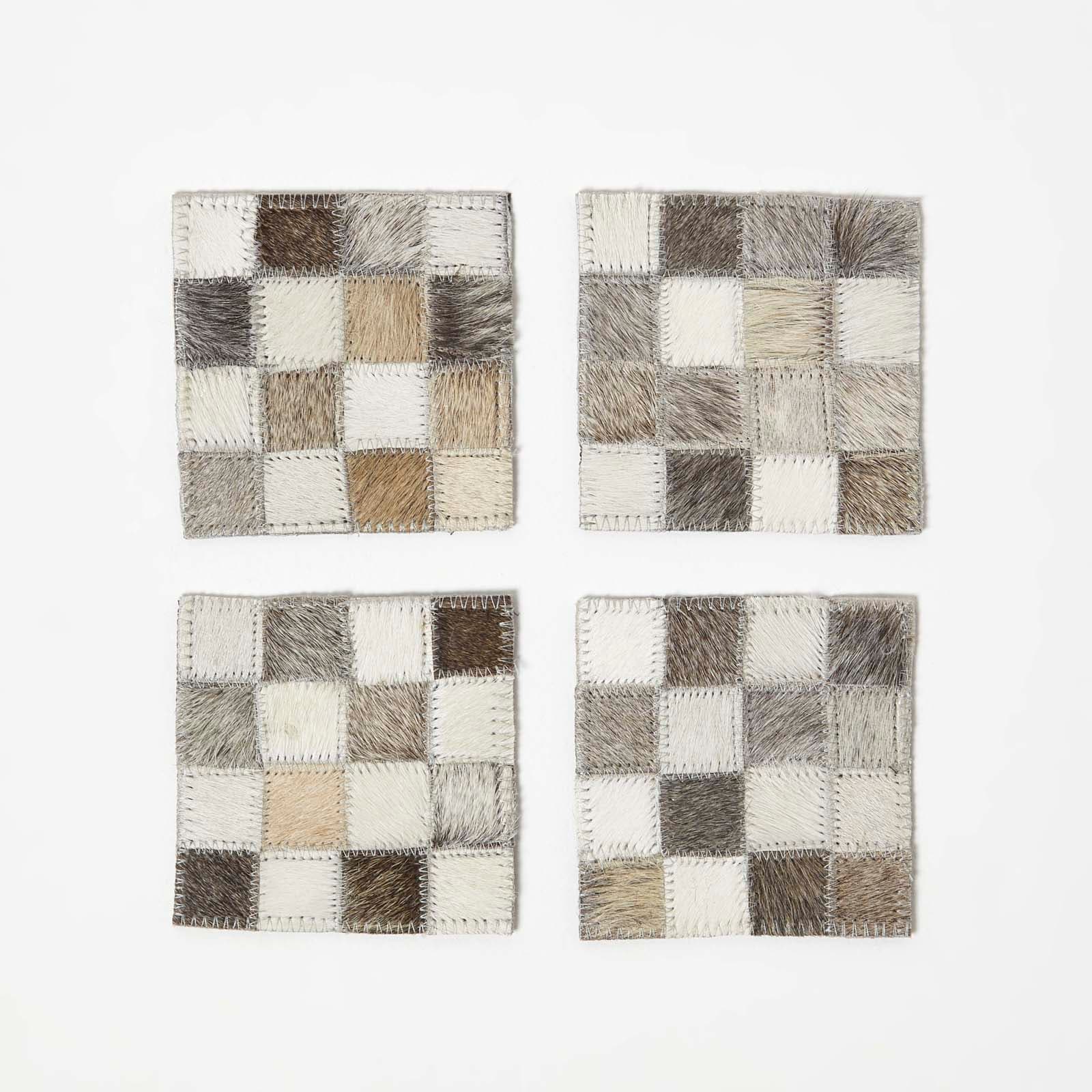 Homescapes Block Check Grey Leather Coasters - Set of 4