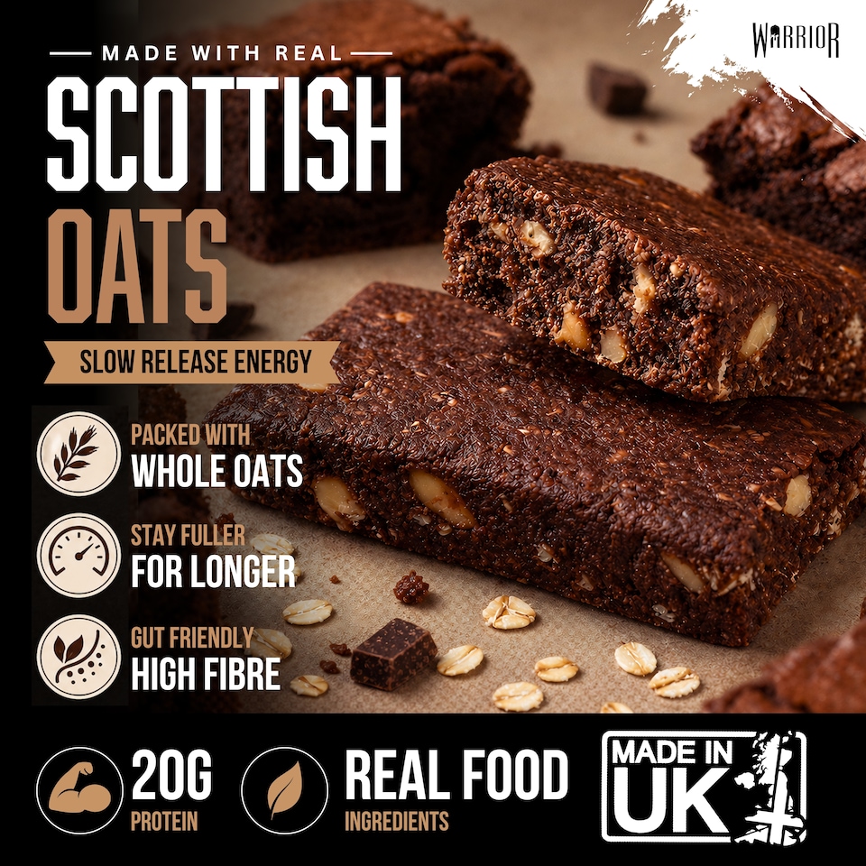 image 1 of Warrior RAW Protein Bars 12 x 75g – 20g High Protein Bar, Low Sugar High Fibre Oat Protein Flapjack – Protein Snacks, Meal Replacement Bars (Chocolate Brownie)