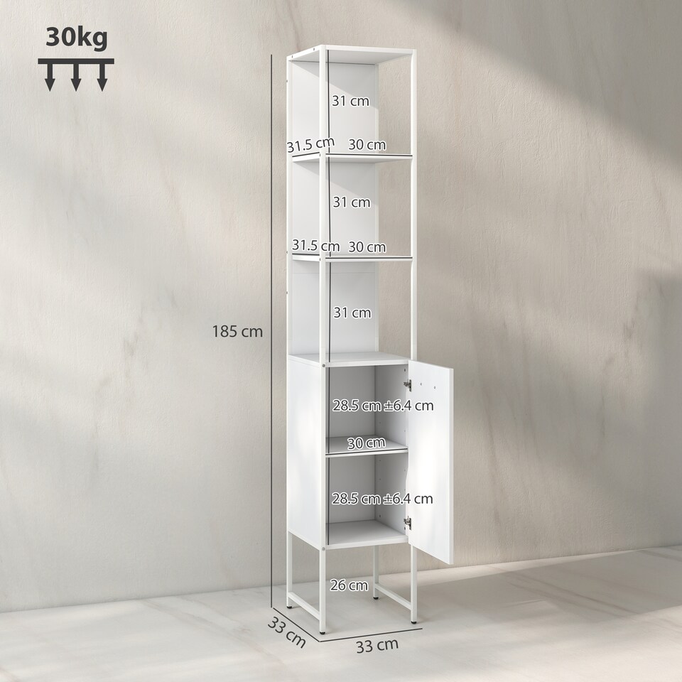 image 1 of HOMCOM Tall Bathroom Cabinet, Slim Bathroom Storage Cabinet with 3 Open Shelves and Adjustable Shelf, Freestanding Storage Cupboard, 33 x 33 x 185 cm, White