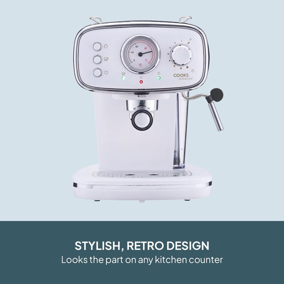 image 1 of Cooks Professional 15-Bar Retro Espresso Coffee Machine 1.2L with Frothing Steam Wand | White | White & Silver