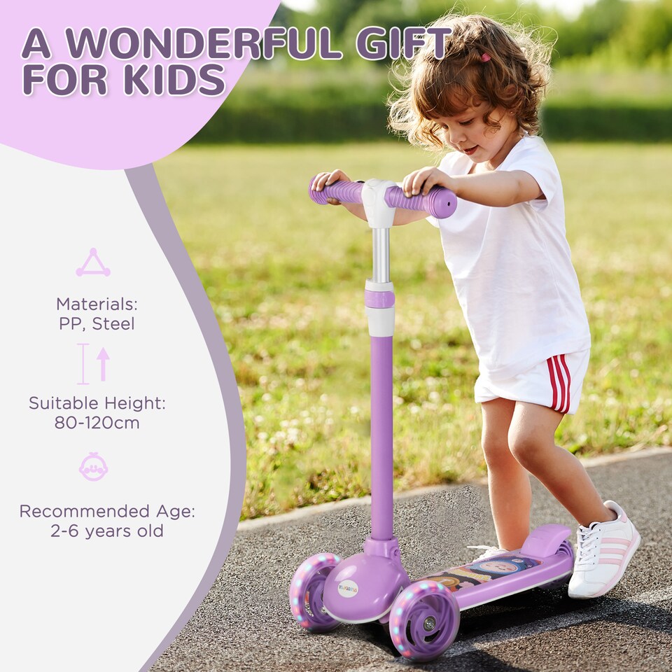 image 1 of AIYAPLAY Kids Scooter, 3 Wheel Scooter for Toddlers Ages 2-6, with 3-level Adjustable Height, LED Light, TPE Handlebar, Kick Scooter for Boys and Girls | Purple | Purple