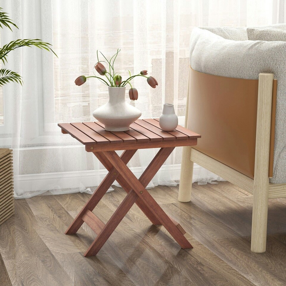 image 1 of COSTWAY Wooden Side Table Folding End Table Slatted Tabletop Brown