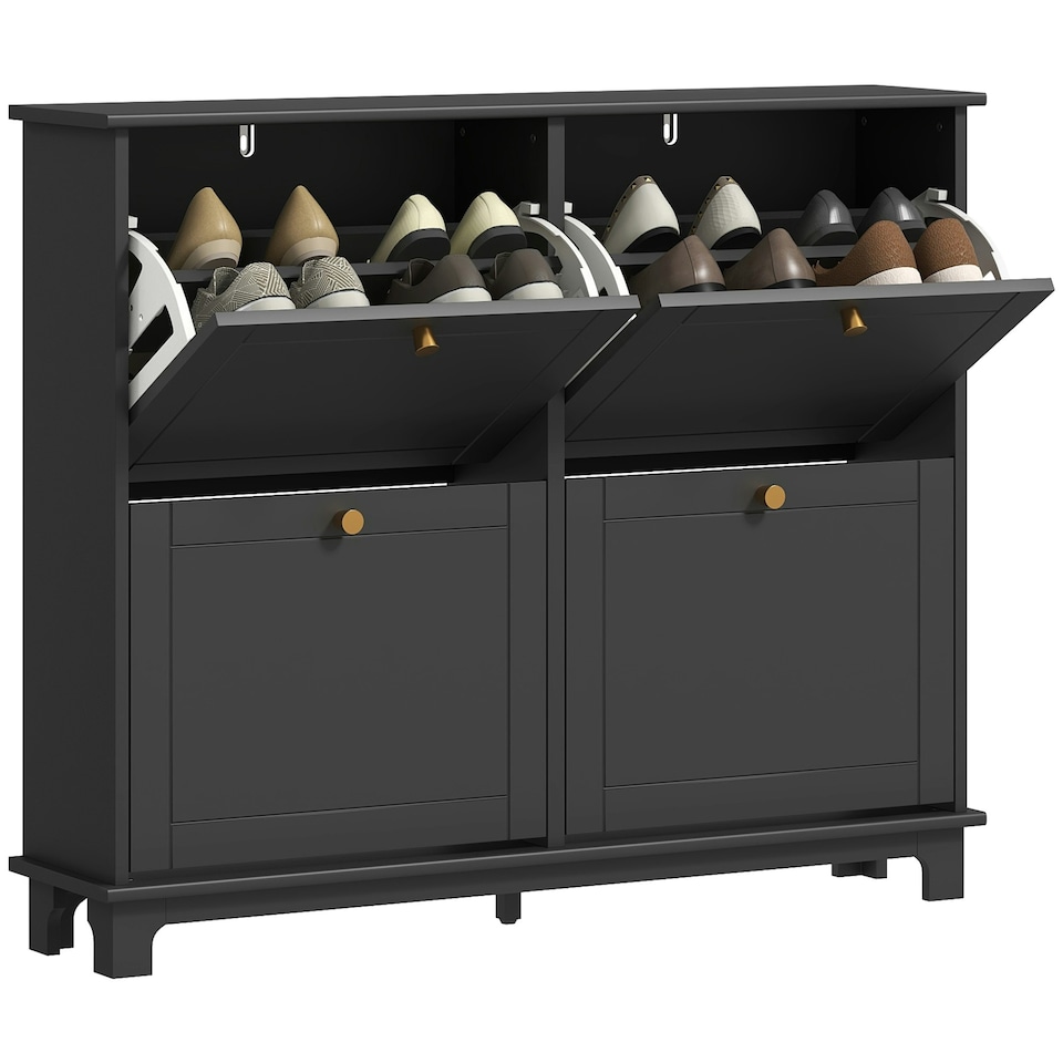 image 1 of HOMCOM Narrow Shoe Cabinet with 4 Flip Drawers Adjustable Shelves White | Gold | 119.5W x 23.5D x 87H cm