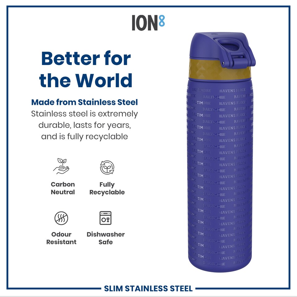 image 1 of Leak Proof Slim Water Bottle, Stainless Steel, NFL, 600ml (20oz) | Blue | NFL Ravens | One Size