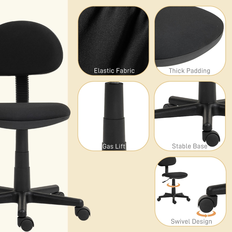 image 1 of HOMCOM Armless Office Chair with Adjustable Height 360° Swivel Wheels Black