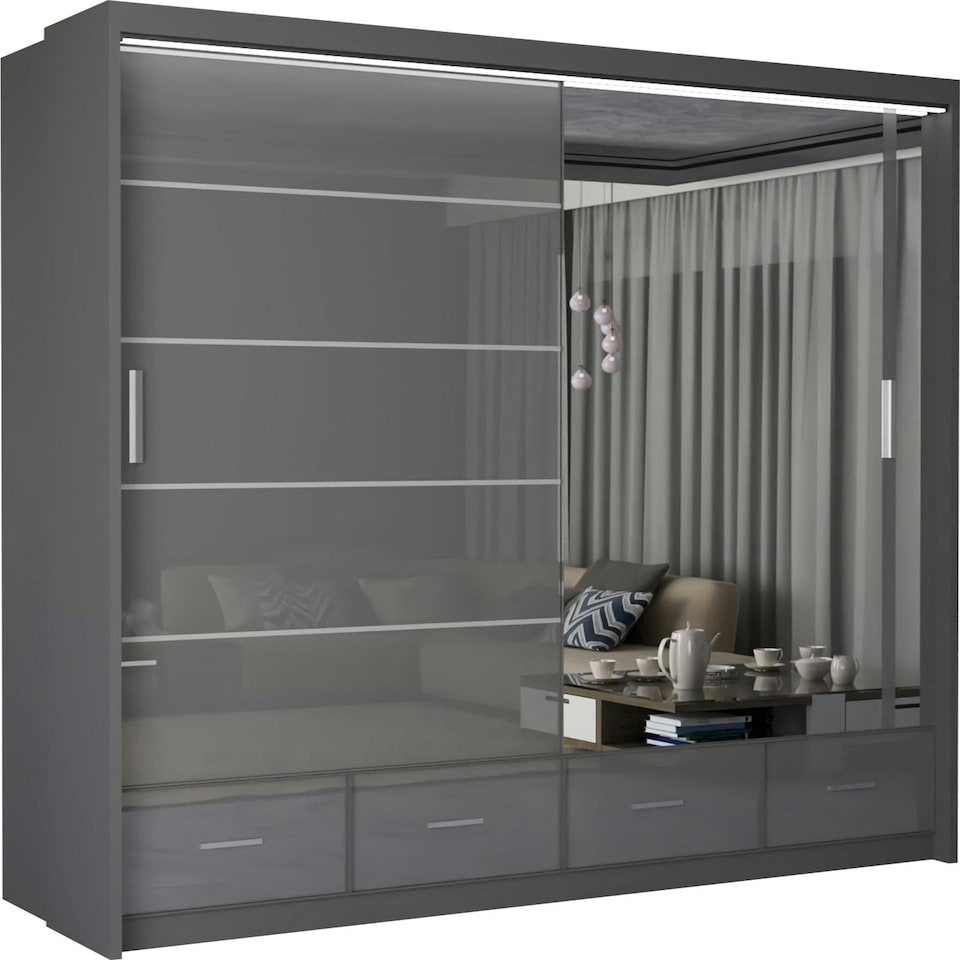 image 1 of Sleek High Gloss Sliding Wardrobe 203cm with Drawers | White/Black/Grey 2-Door Bedroom Storage Grey | Grey203cm