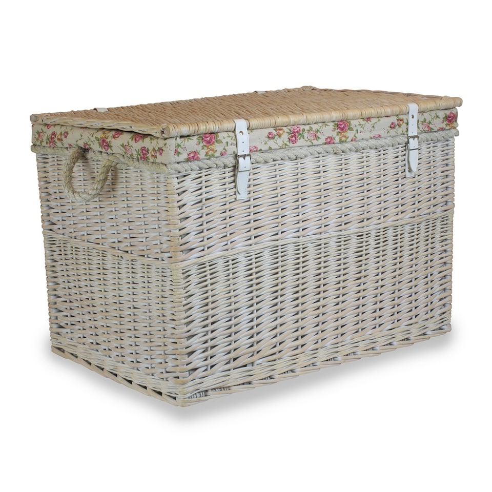 image 1 of Large White Wash Storage Hamper With Garden Rose Lining Wicker Basket | Multi | Garden Rose | L