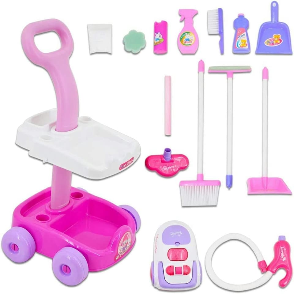 image 1 of Housekeeping Cleaning Trolley Playset with Working Vacuum & Accessories – Kids Role Play Cleaning Set